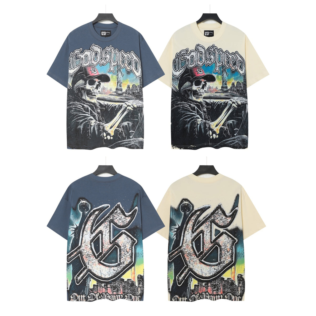 Godspeed Skeleton Driving NYC Double‑Sided Short Sleeve Tee (Slate Blue / Cream Yellow)