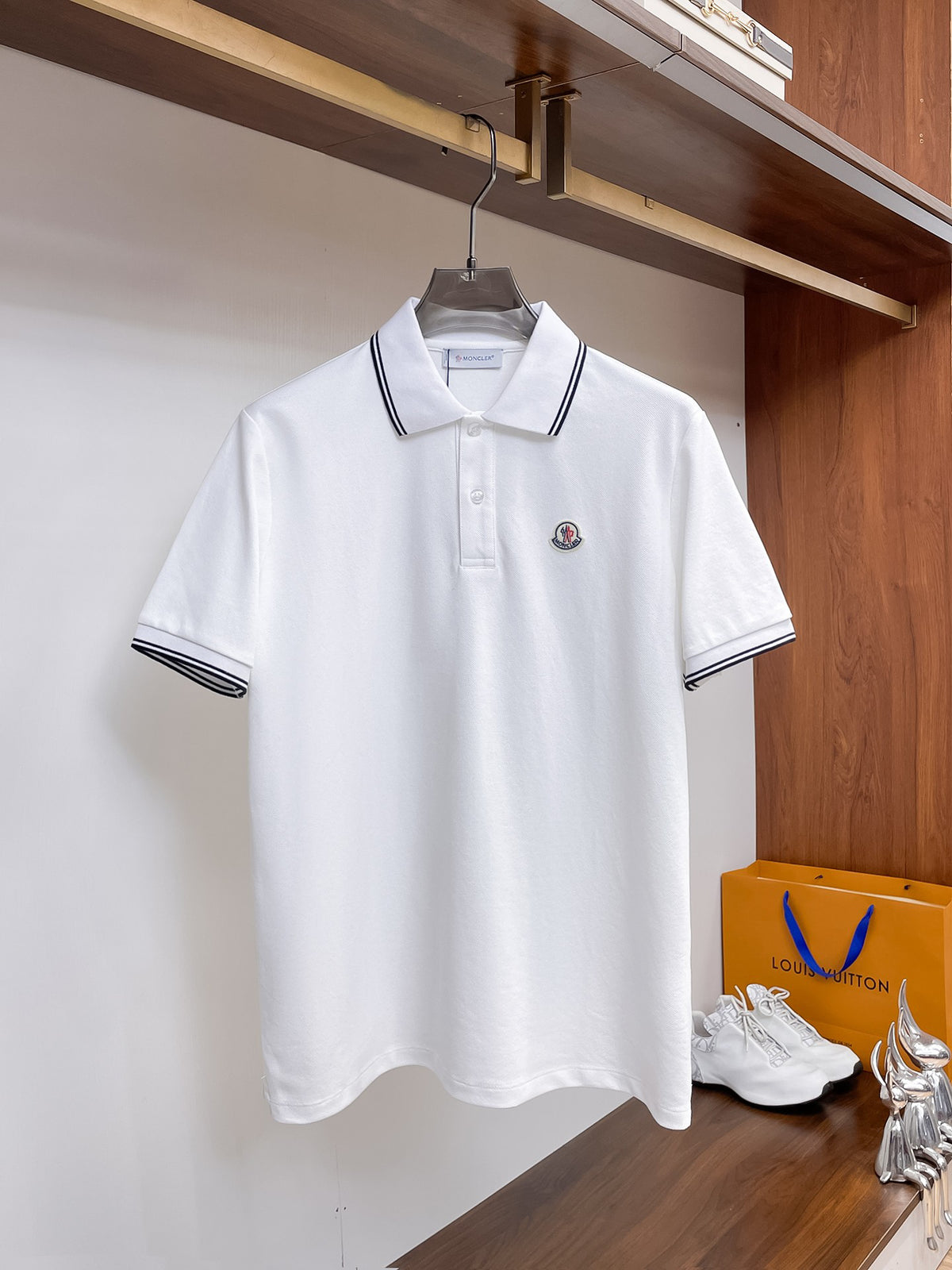 Moncler Striped‑Trim Short‑Sleeve Polo Shirt (White)
