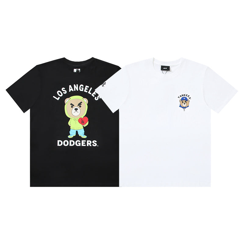 MLB Cartoon Bear Character Graphic Cotton Crew‑Neck Short‑Sleeve T‑Shirt
