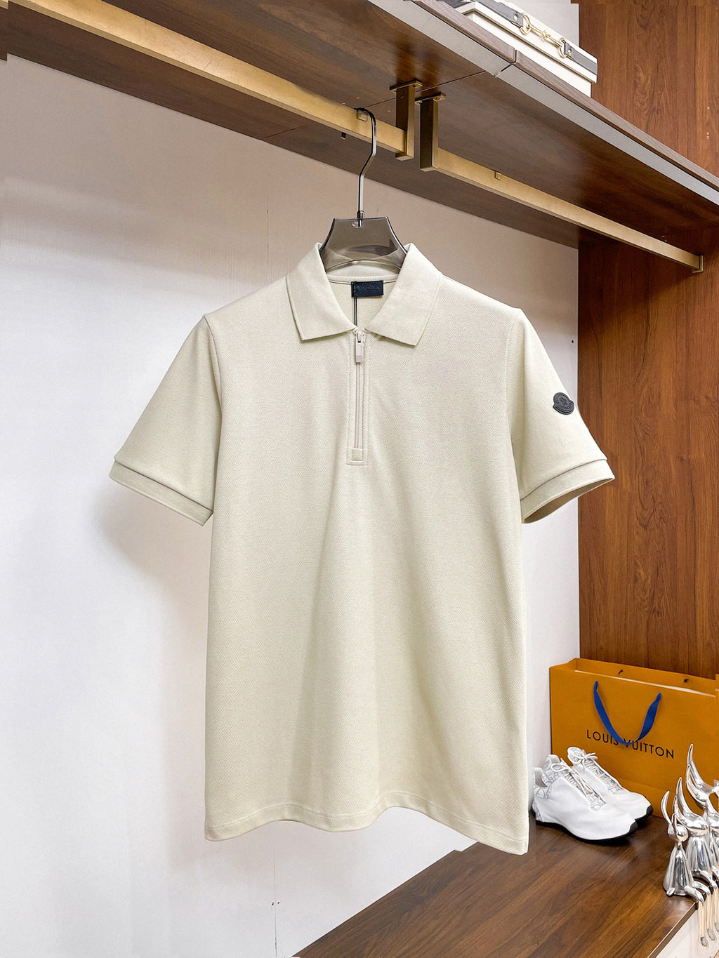 Moncler Zip‑Up Short‑Sleeve Polo Shirt (Cream)