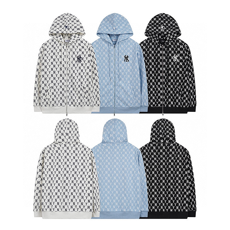 NY Yankees All-Over Monogram Print Zip-Up Hoodie