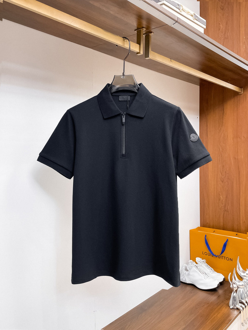 Moncler Zip‑Up Short‑Sleeve Polo Shirt (Black)