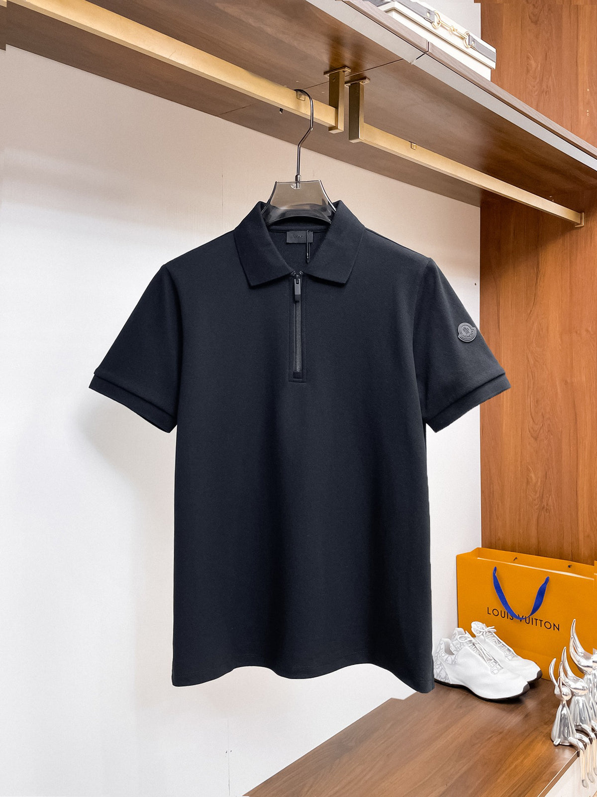 Moncler Zip‑Up Short‑Sleeve Polo Shirt (Black)