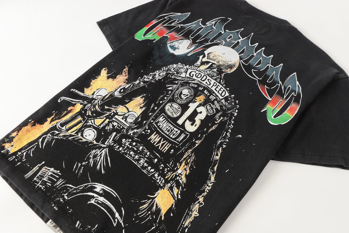 Godspeed Biker Skeleton Vintage Graphic Tee