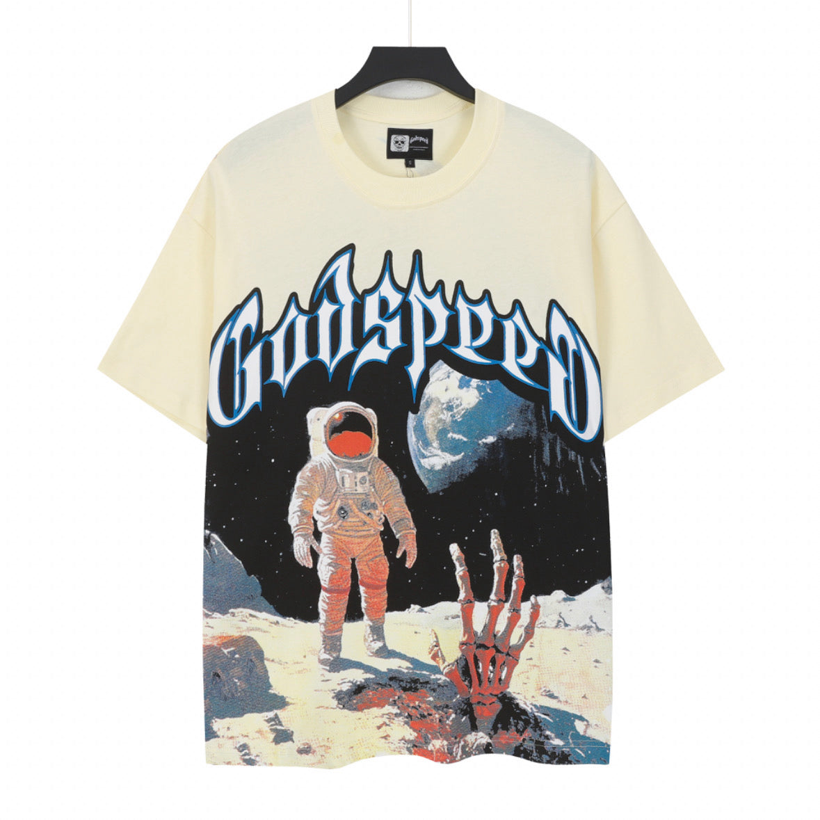 Godspeed Moon Astronaut Skeleton Hand Short Sleeve Tee (Cream Yellow)