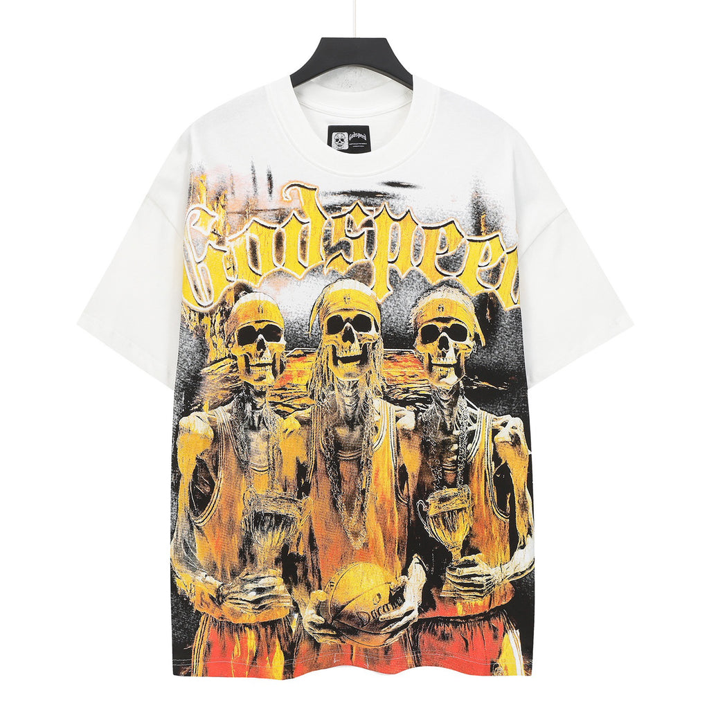 Godspeed Skeleton Basketball Champions Vintage Short‑Sleeve Tee (White)
