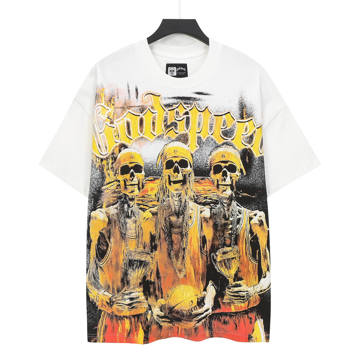 Godspeed Skeleton Basketball Champions Vintage Short‑Sleeve Tee (White)