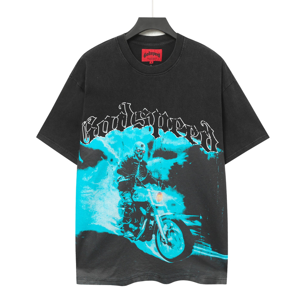 Godspeed Motorcycle Rider Skeleton Short‑Sleeve T‑Shirt (Black)