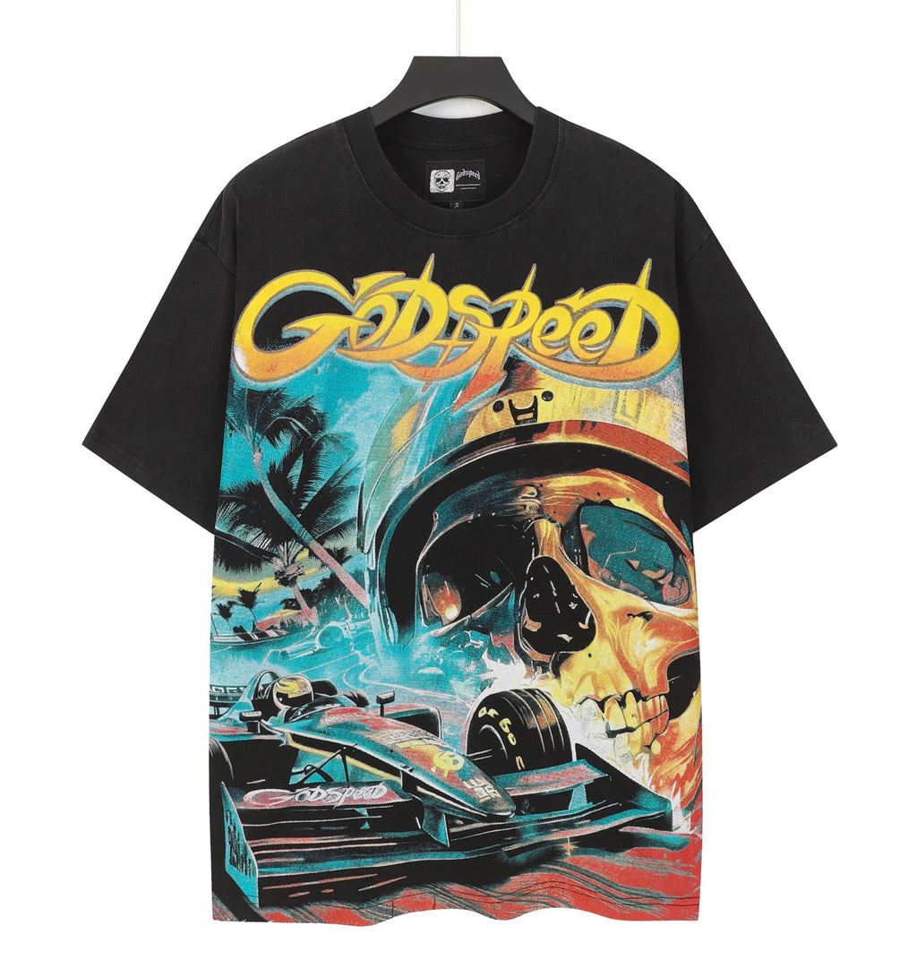Godspeed Skull F1 Race Car Racer Short Sleeve Tee (Washed Black)