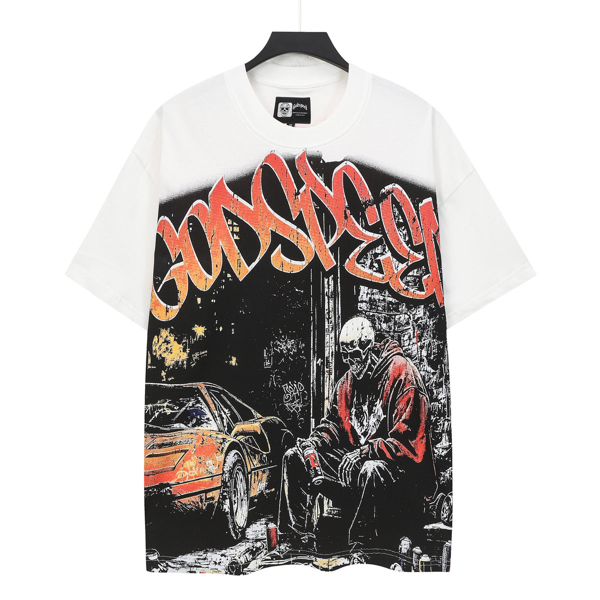 Godspeed Urban Skeleton Night Car Vintage Short‑Sleeve Tee (White)