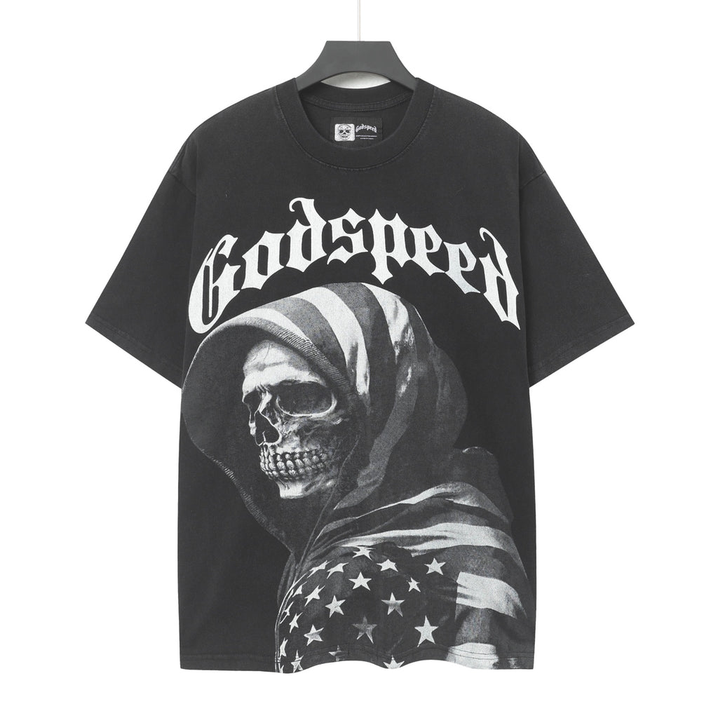 Godspeed American Flag Hooded Skeleton Short‑Sleeve T‑Shirt (Black)