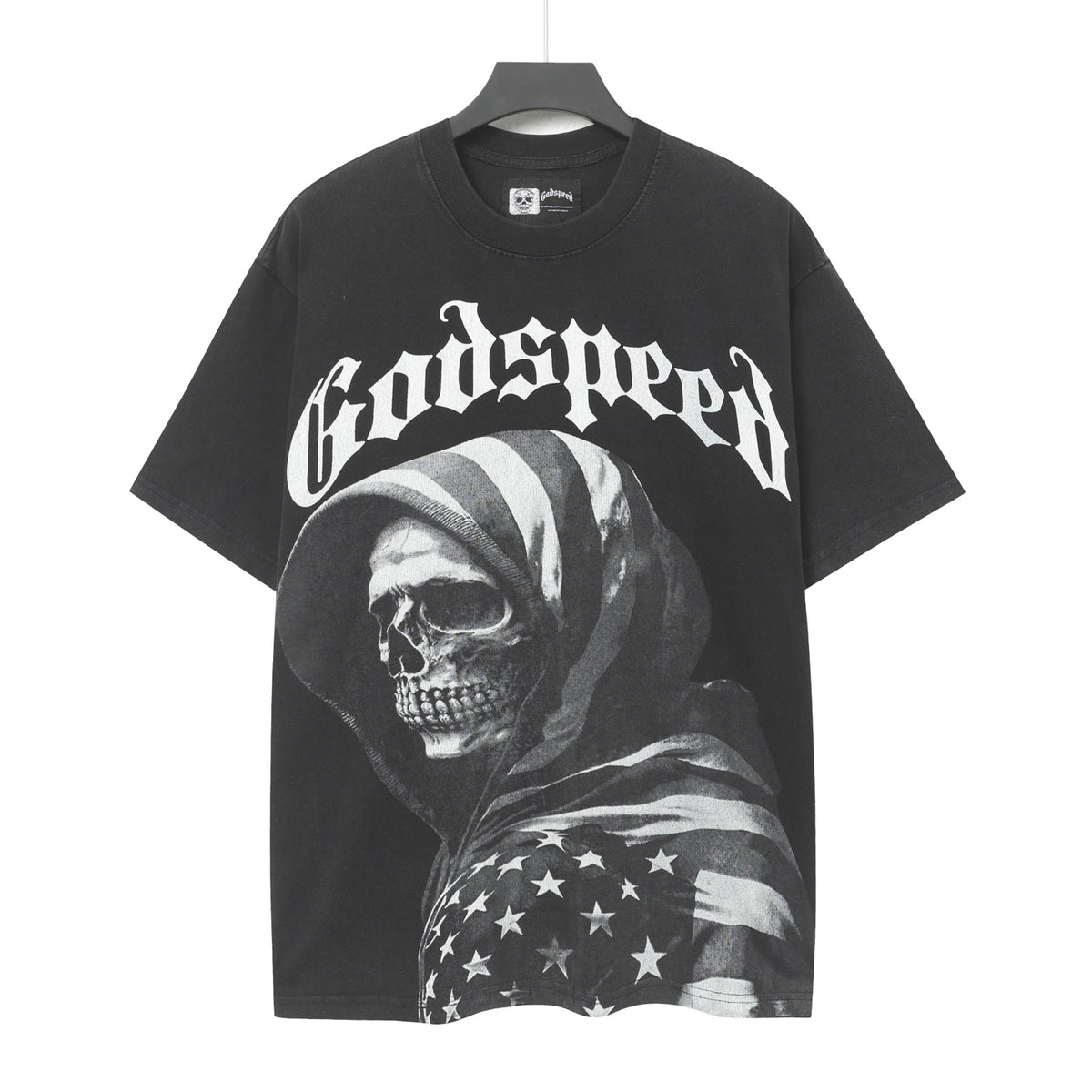 Godspeed American Flag Hooded Skeleton Short‑Sleeve T‑Shirt (Black)