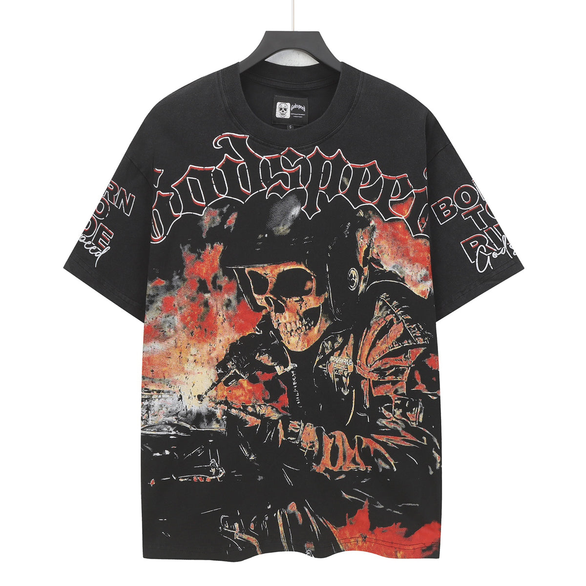 Godspeed Skeleton Biker Vintage Wash Short‑Sleeve Tee (Washed Black)