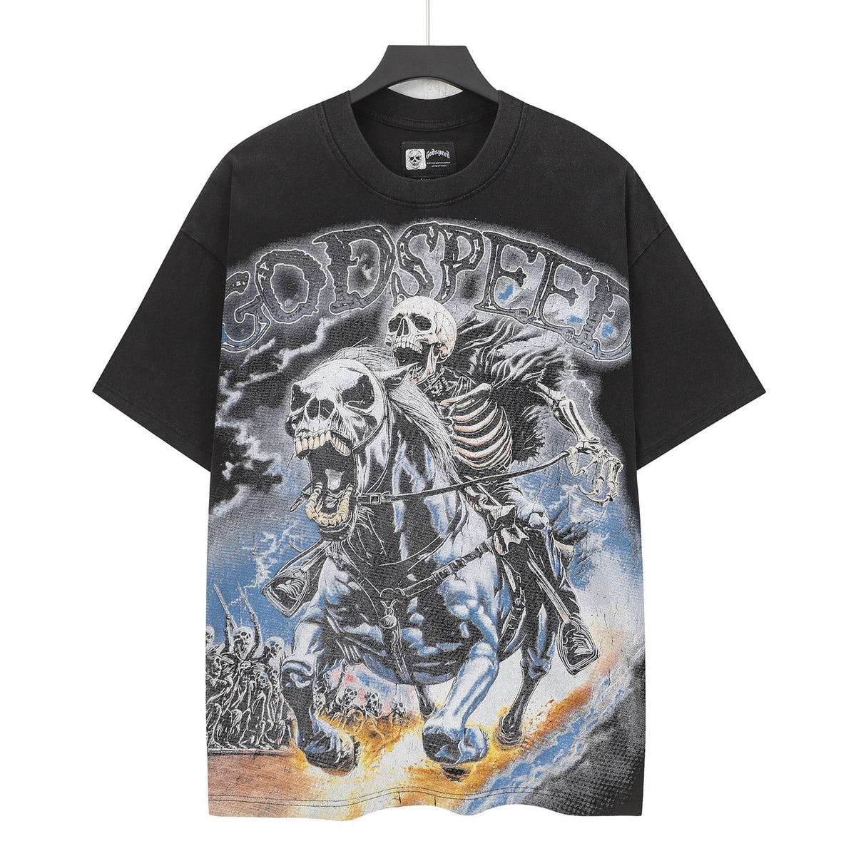 Godspeed Skeleton Horseman Vintage Short‑Sleeve Tee (Washed Black)