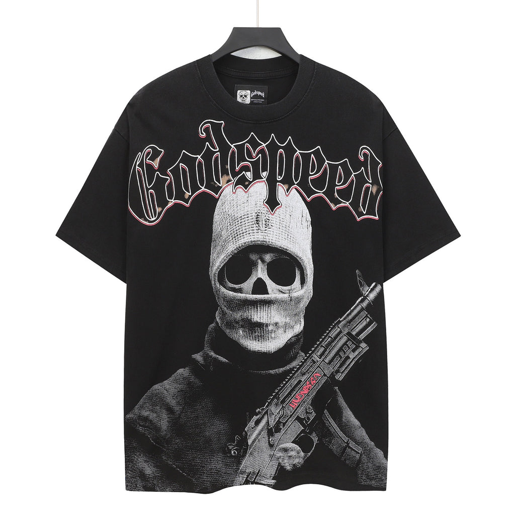 Godspeed Skull Balaclava Gunman Vintage Short‑Sleeve Tee (Washed Black)