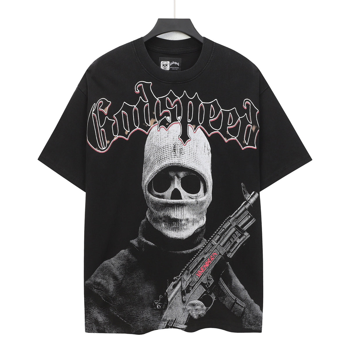 Godspeed Skull Balaclava Gunman Vintage Short‑Sleeve Tee (Washed Black)