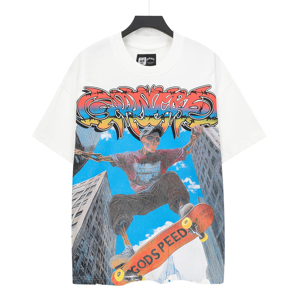 Godspeed Skeleton Skater City Vintage Short‑Sleeve Tee (White)