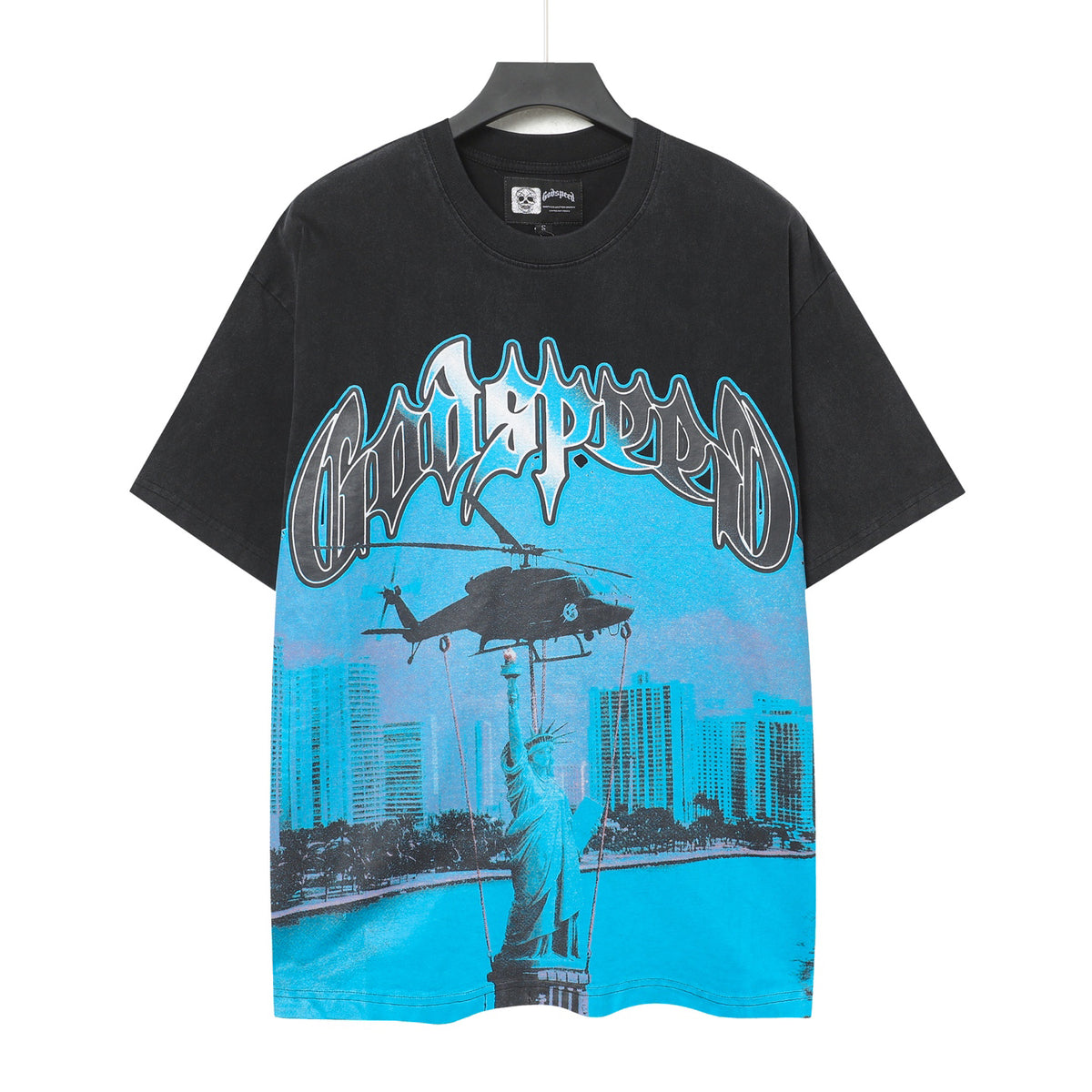 Godspeed Helicopter City Skyline Vintage Graphic Tee