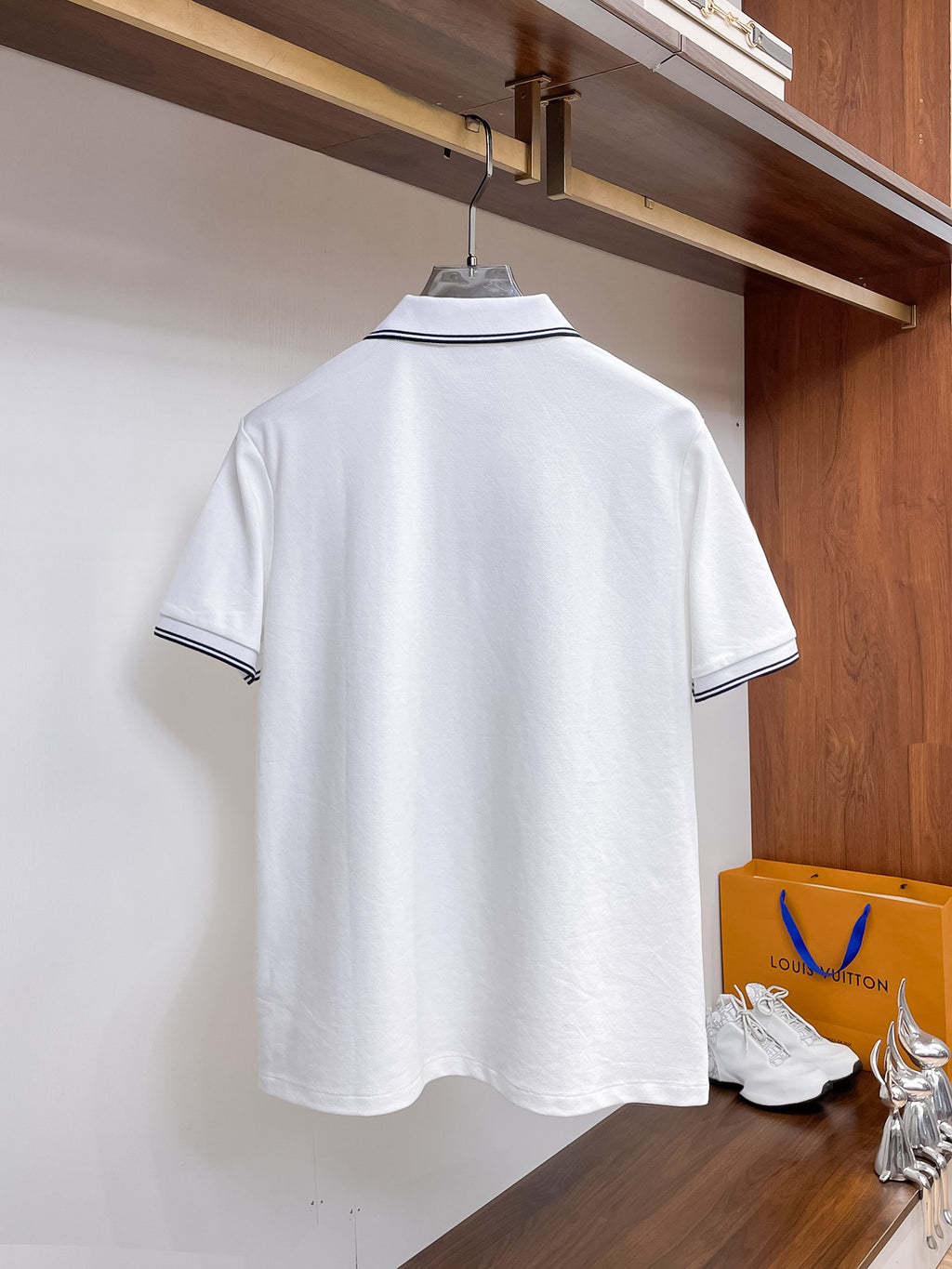 Moncler Striped‑Trim Short‑Sleeve Polo Shirt (White)