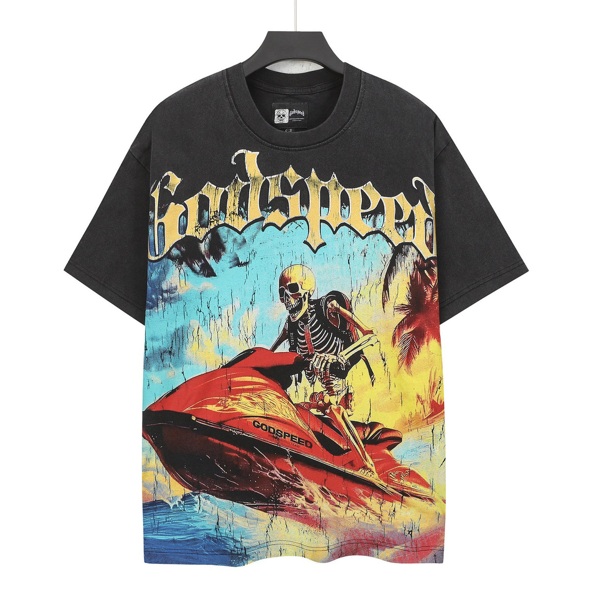 Godspeed Skeleton Jet‑Ski Summer Vintage Short‑Sleeve Tee (Washed Black)