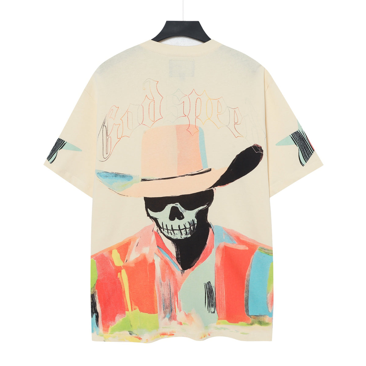 Godspeed Watercolor Skeleton Cowboy Back‑Print Vintage Graphic Tee (Cream)