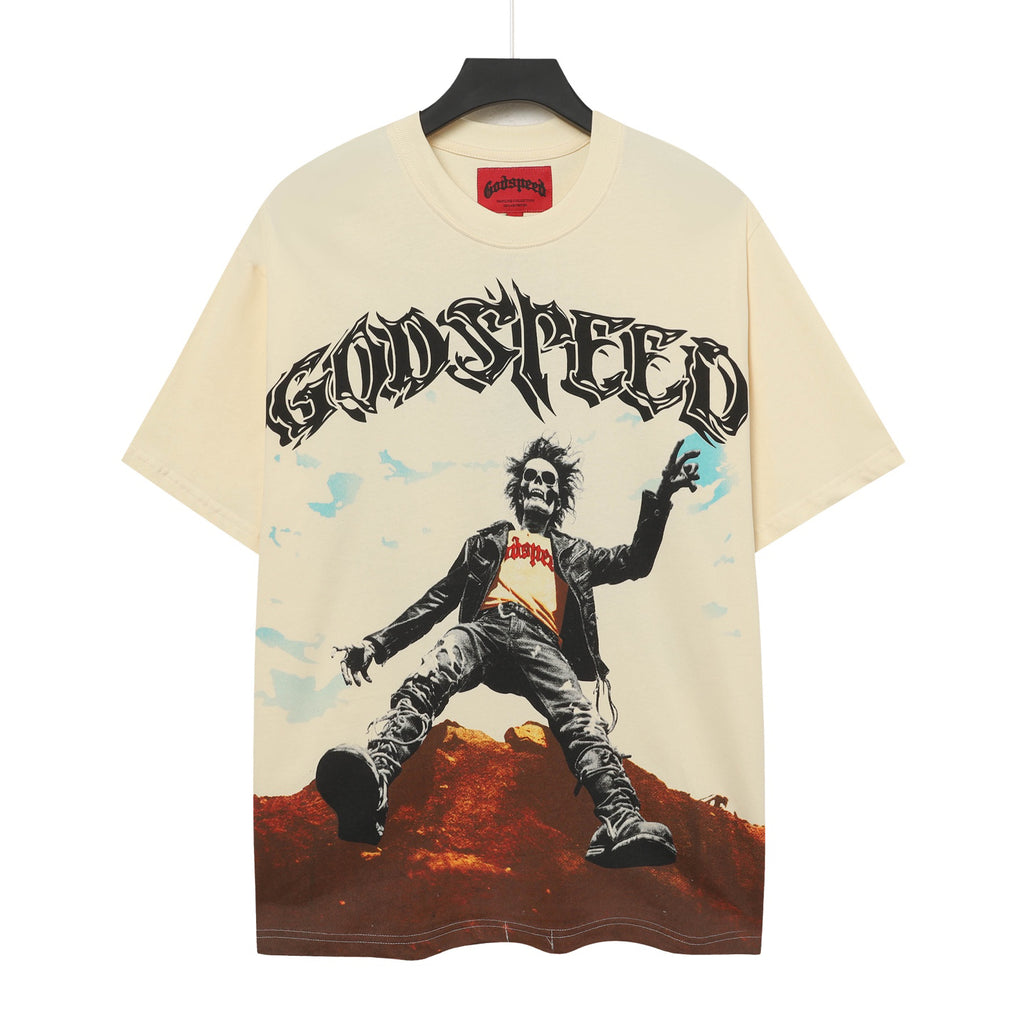 Godspeed Rock Skeleton Mountain Short‑Sleeve T‑Shirt (Cream)