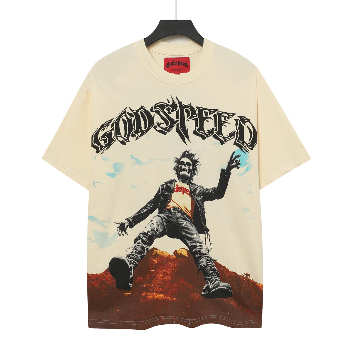 Godspeed Rock Skeleton Mountain Short‑Sleeve T‑Shirt (Cream)