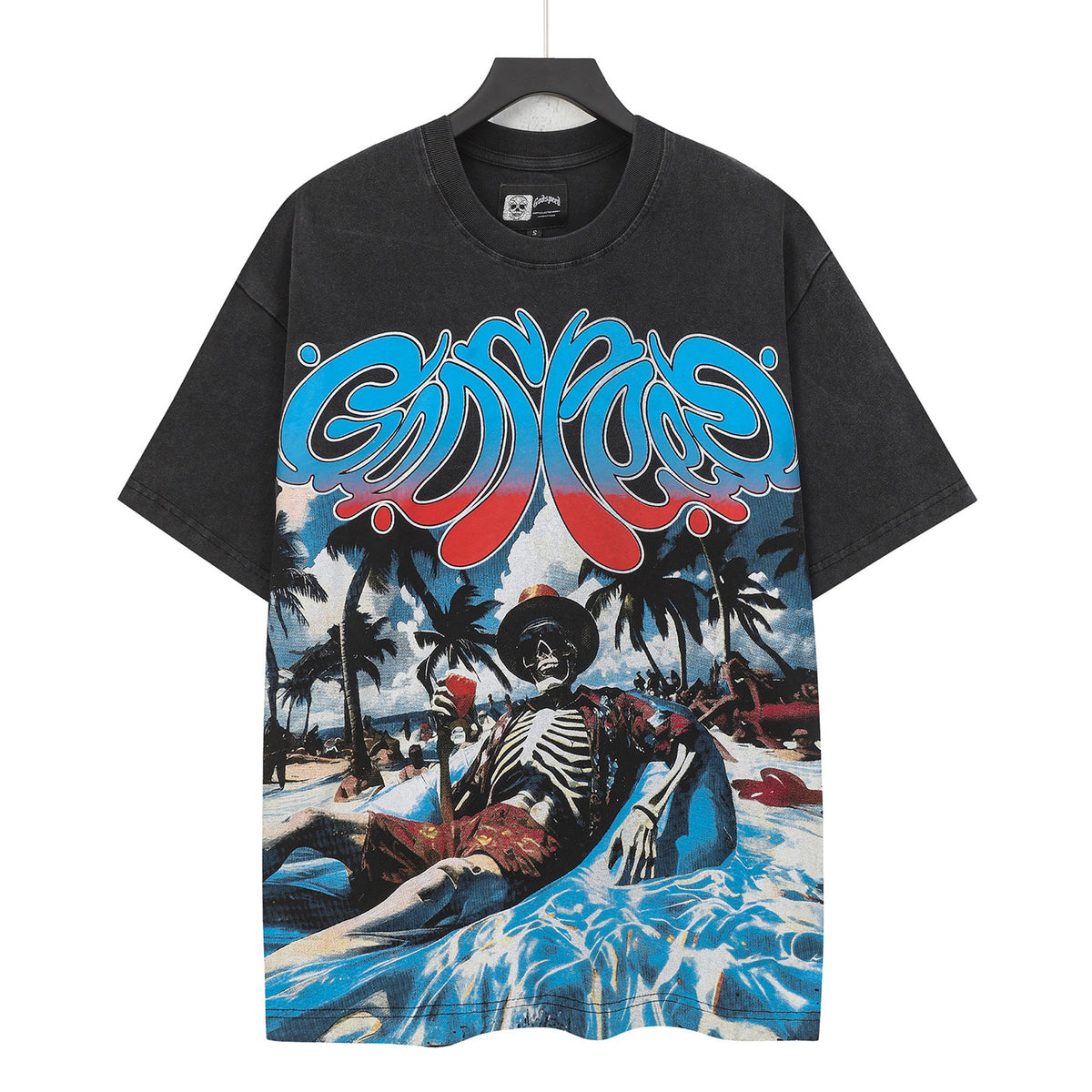 Godspeed Beach Vacation Skeleton Vintage Short‑Sleeve Tee (Washed Black)