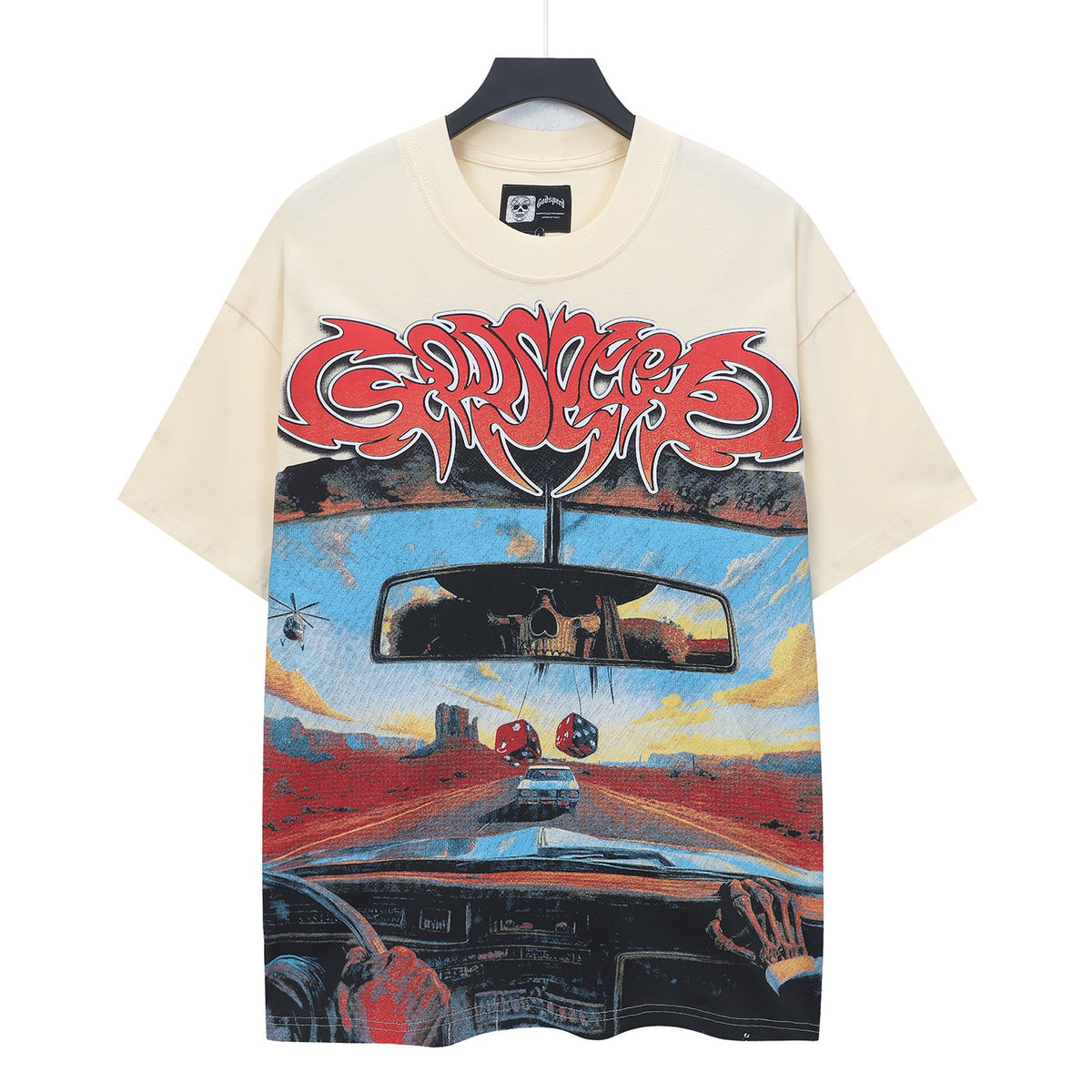 Godspeed Desert Road Trip Skeleton Driving Short Sleeve Tee (Cream Off‑White)