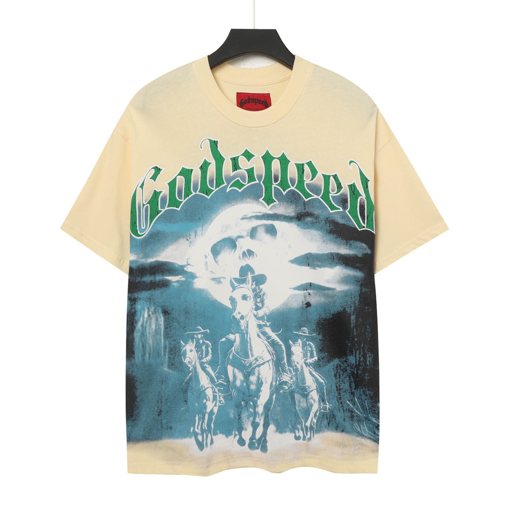 Godspeed Western Cowboy Riders Vintage Short‑Sleeve Tee (Cream Yellow)