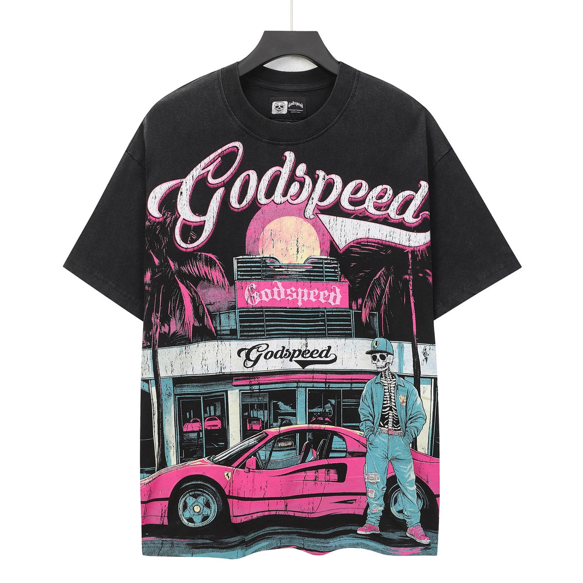 Godspeed Miami Skeleton Sports Car Vintage Wash Short‑Sleeve Tee (Washed Black)