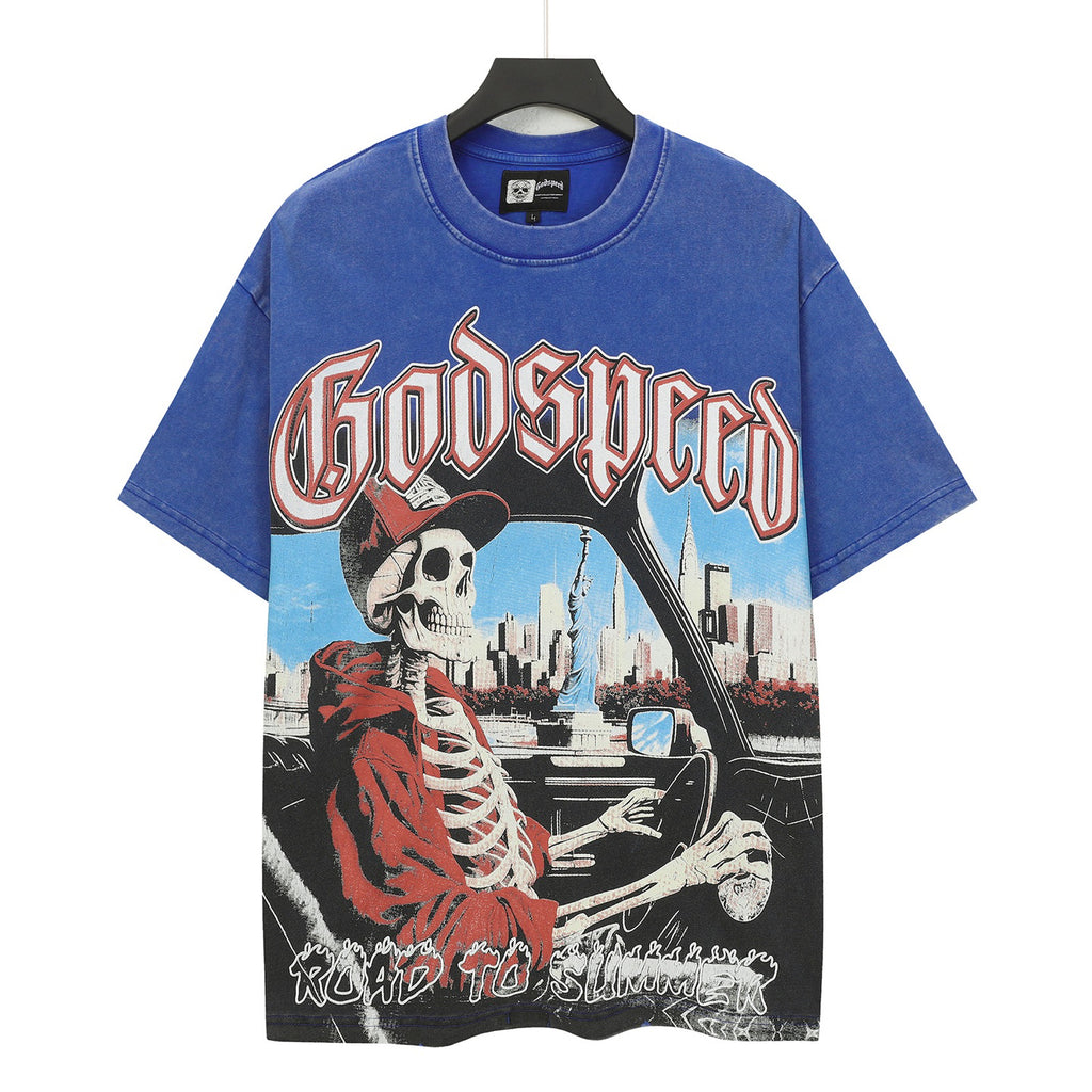 Godspeed NYC Skeleton Driver Vintage Wash Short‑Sleeve Tee (Washed Blue)