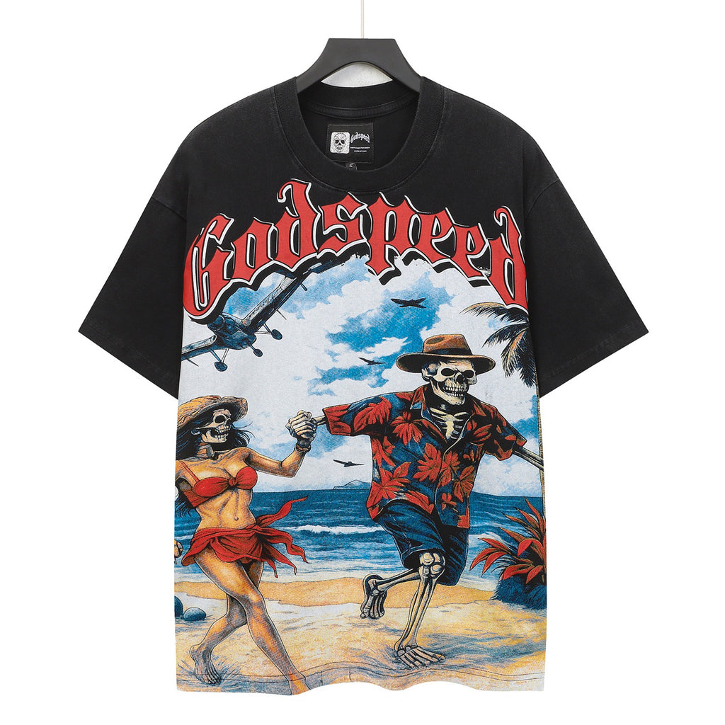 Godspeed Beach Skeleton Couple Vacation Short‑Sleeve Tee (Washed Black)