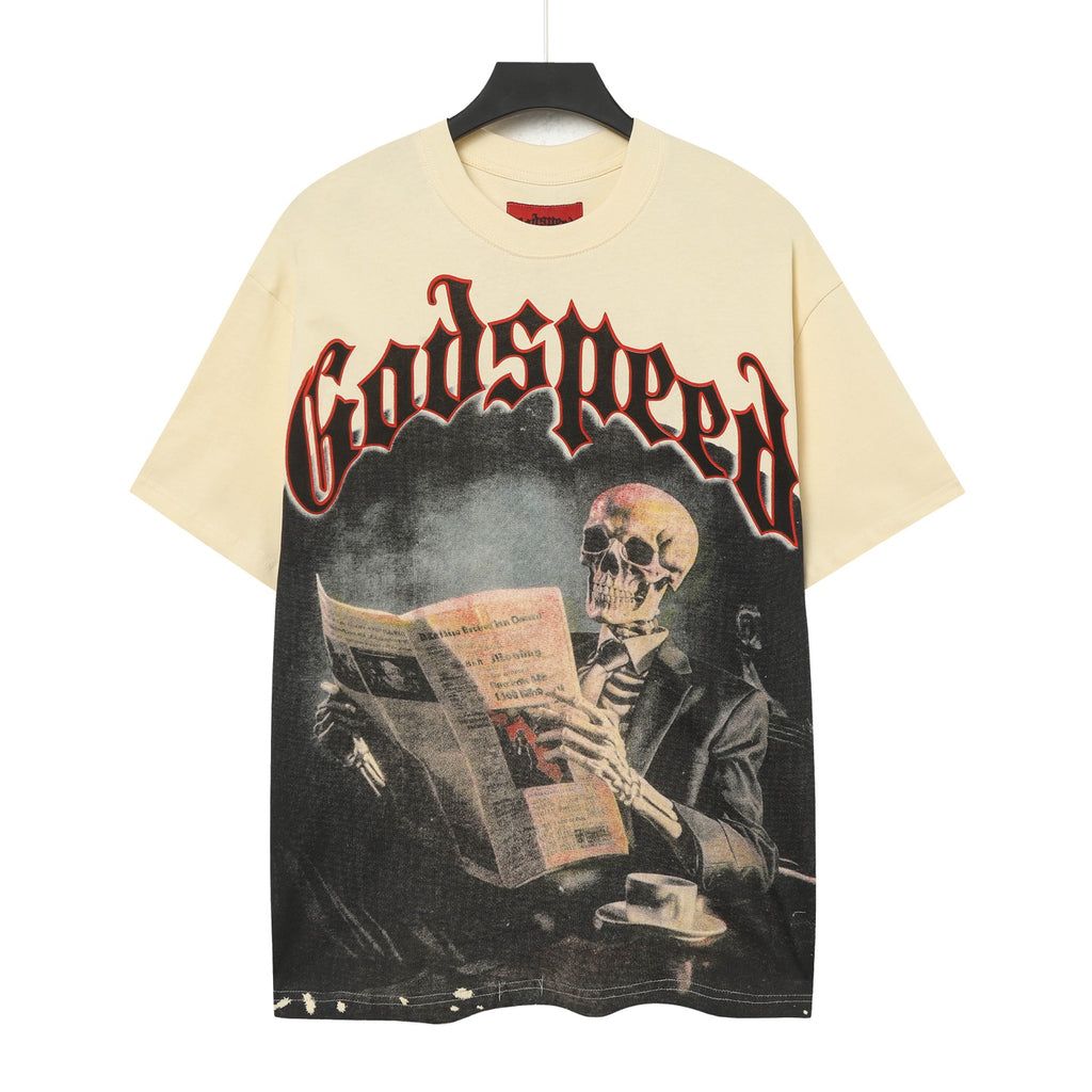 Godspeed Gentleman Skull Newspaper Vintage Graphic Tee