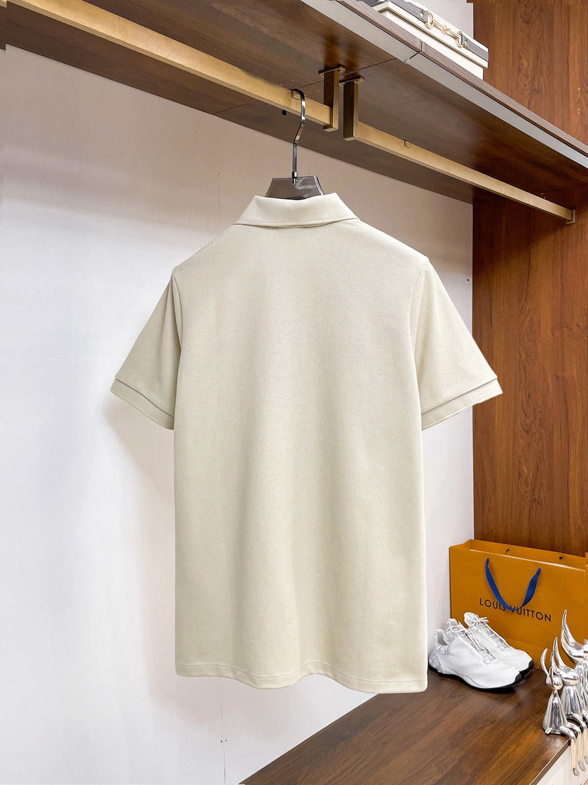 Moncler Zip‑Up Short‑Sleeve Polo Shirt (Cream)