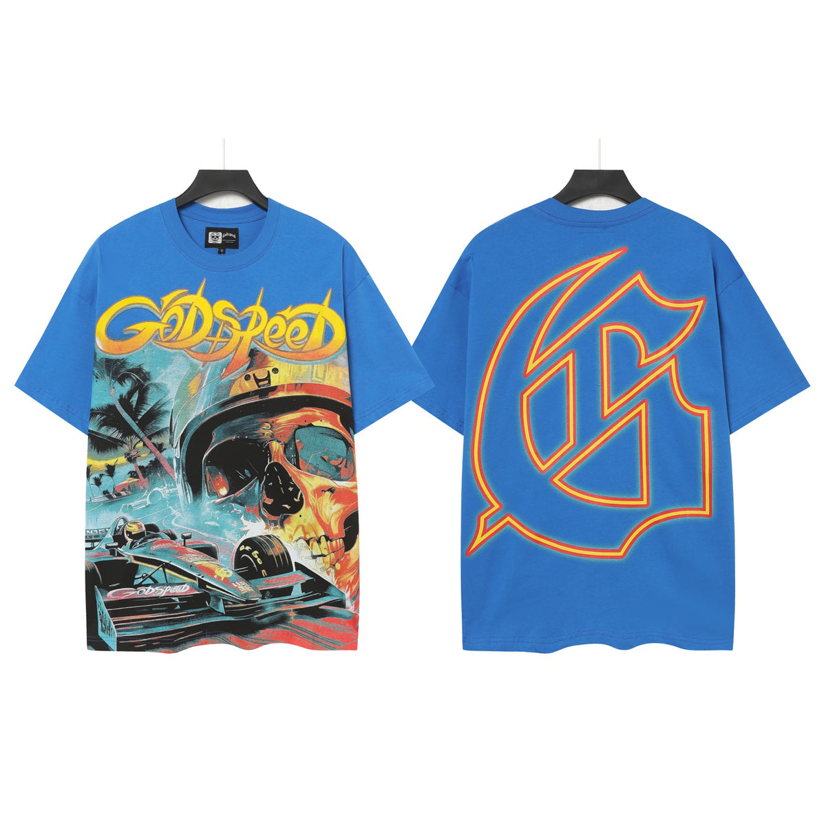 Godspeed F1 Racer Skeleton Double‑Sided Short Sleeve Tee (Bright Blue / White)