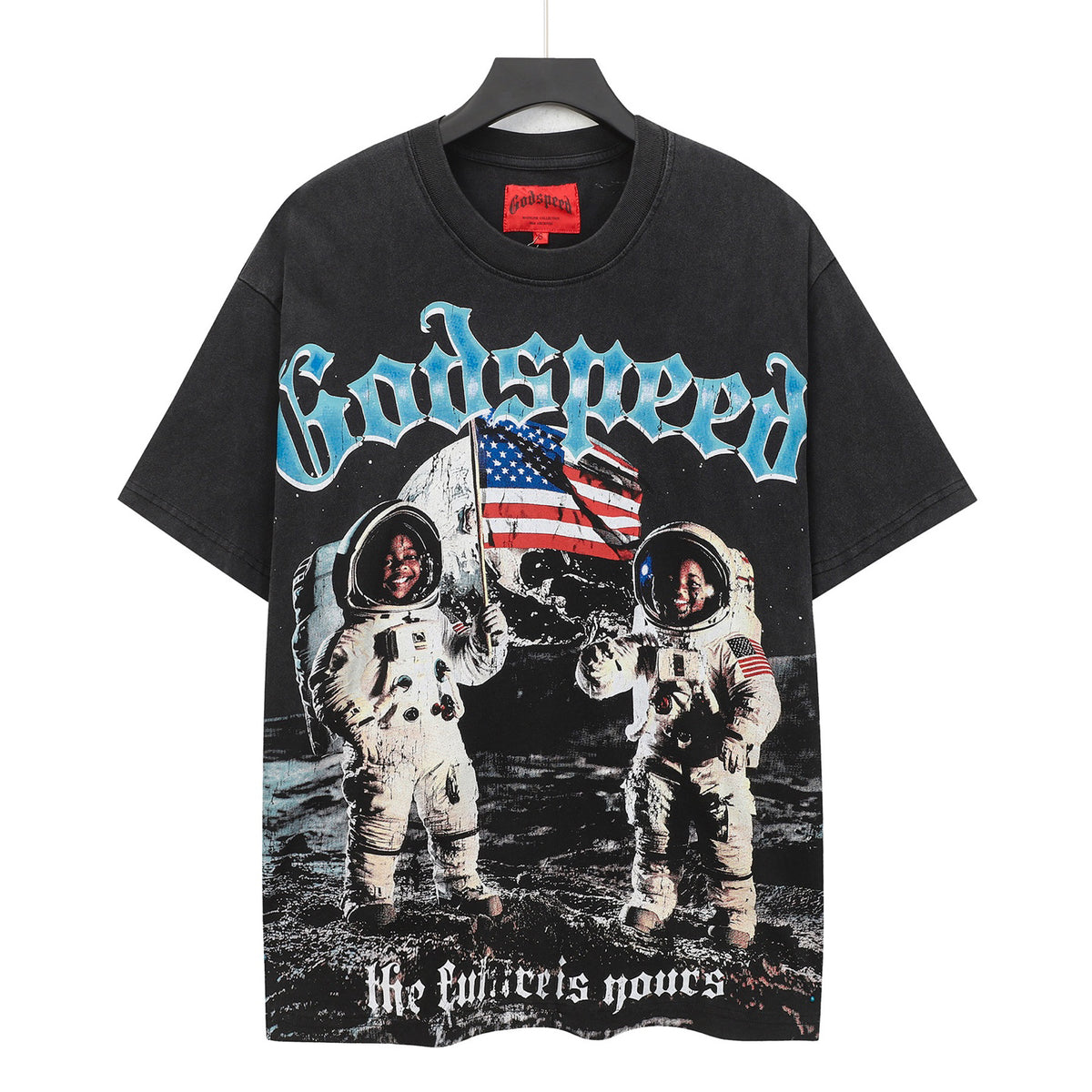 Godspeed Moon Landing Astronauts Vintage Wash Short‑Sleeve Tee (Washed Black)