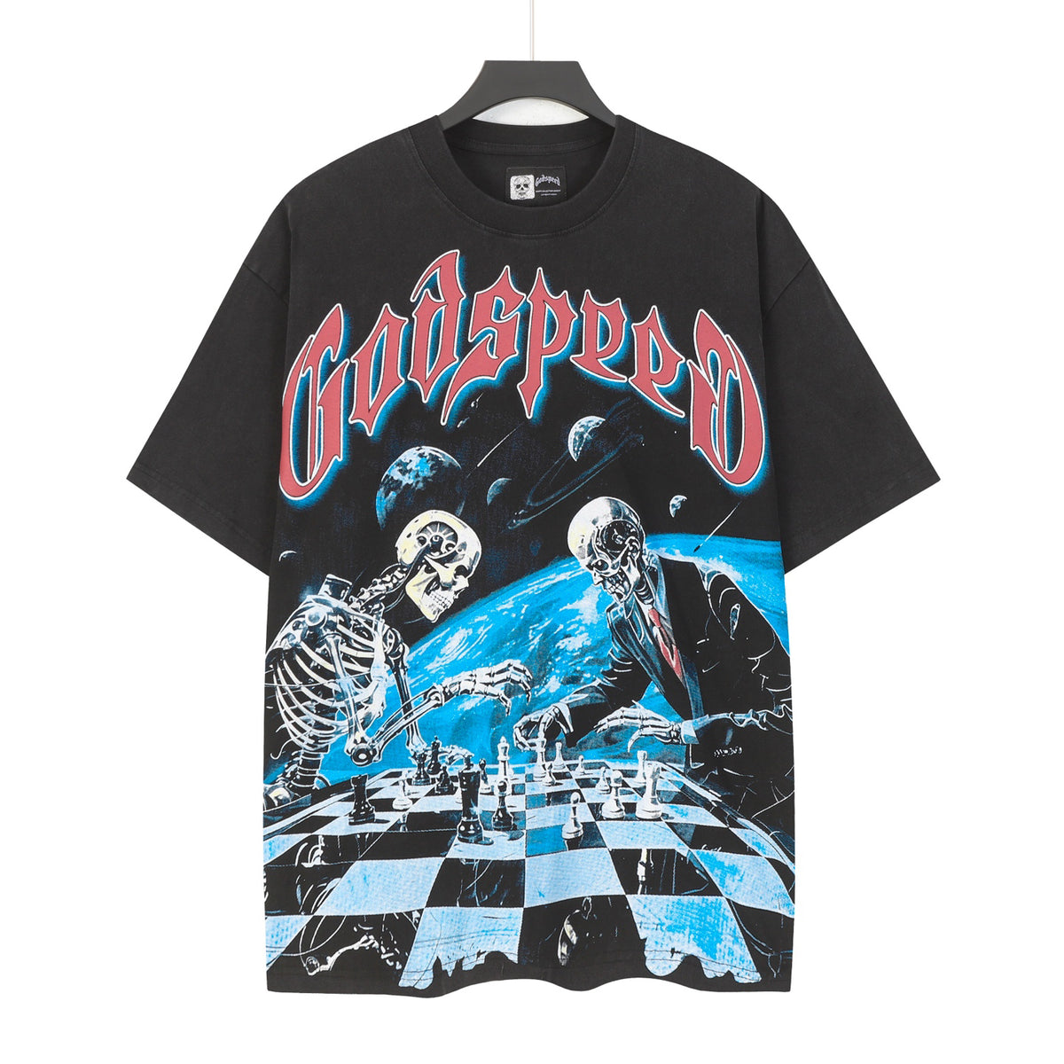 Godspeed Skeletons Playing Chess Space Short Sleeve Tee (Washed Black)