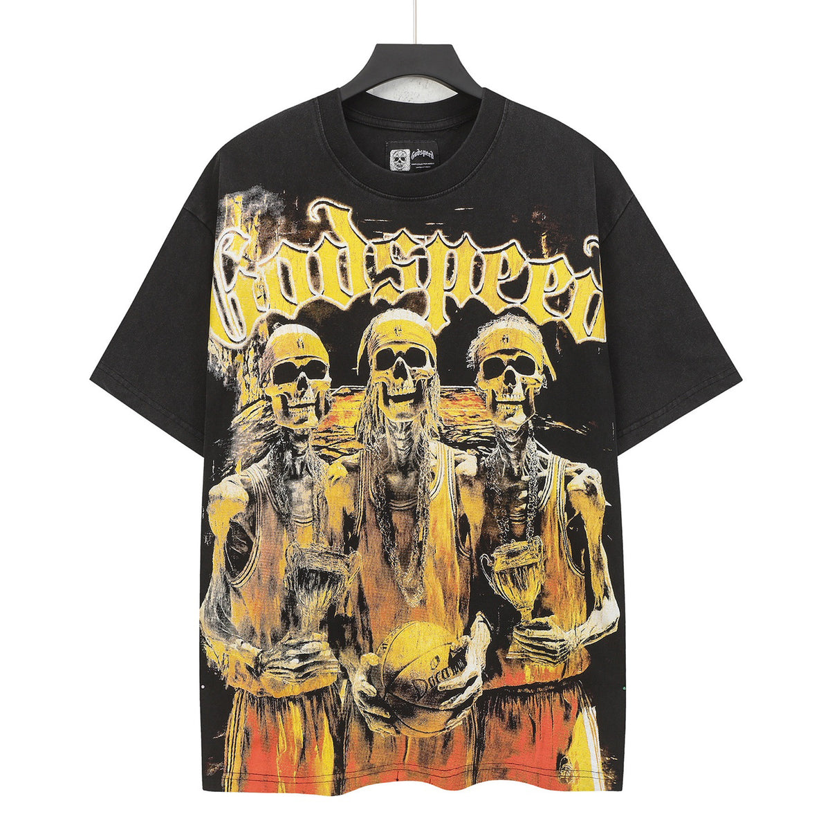 Godspeed Basketball Champion Skeletons Vintage Short‑Sleeve Tee (Washed Black)