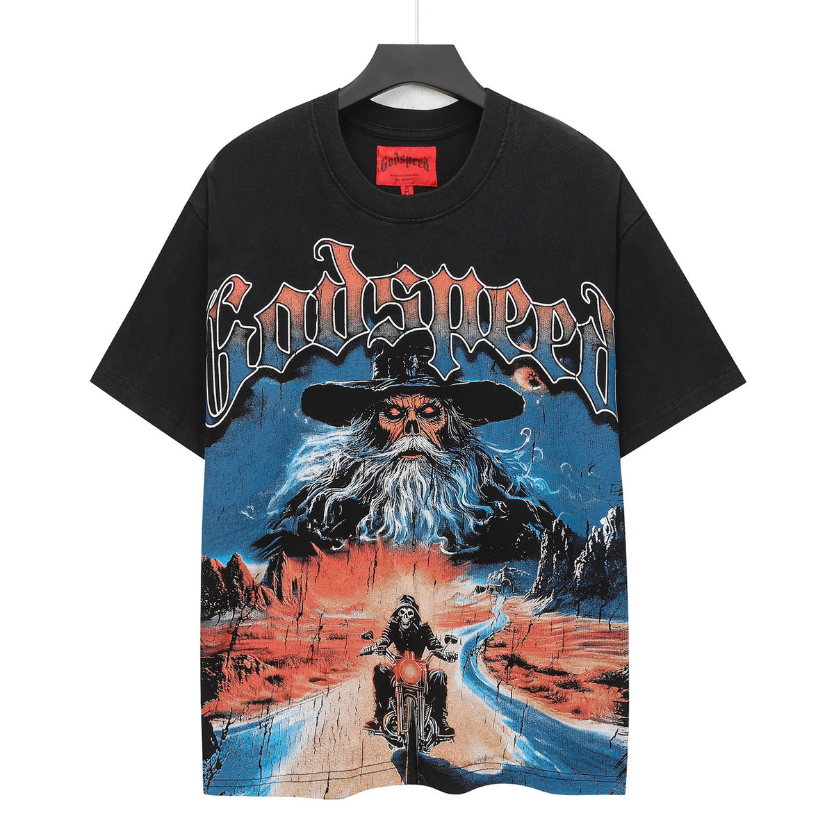 Godspeed Wizard & Skeleton Biker Vintage Wash Short‑Sleeve Tee (Washed Black)