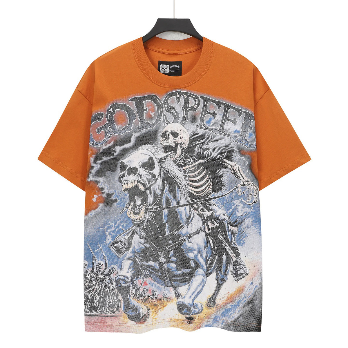 Godspeed Skeleton Horseman Vintage Short‑Sleeve Tee (Orange)