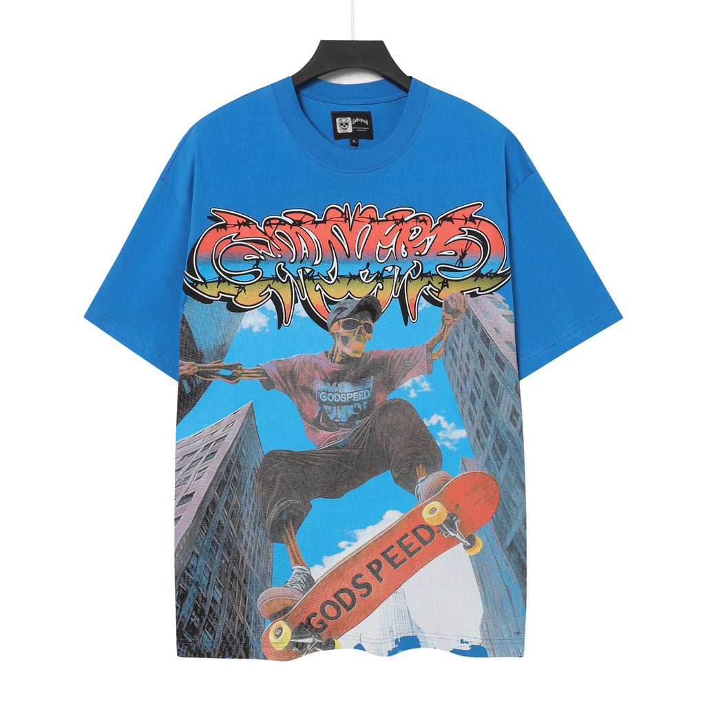 Godspeed Skeleton Skateboard City Graphic T‑Shirt (Bright Blue)