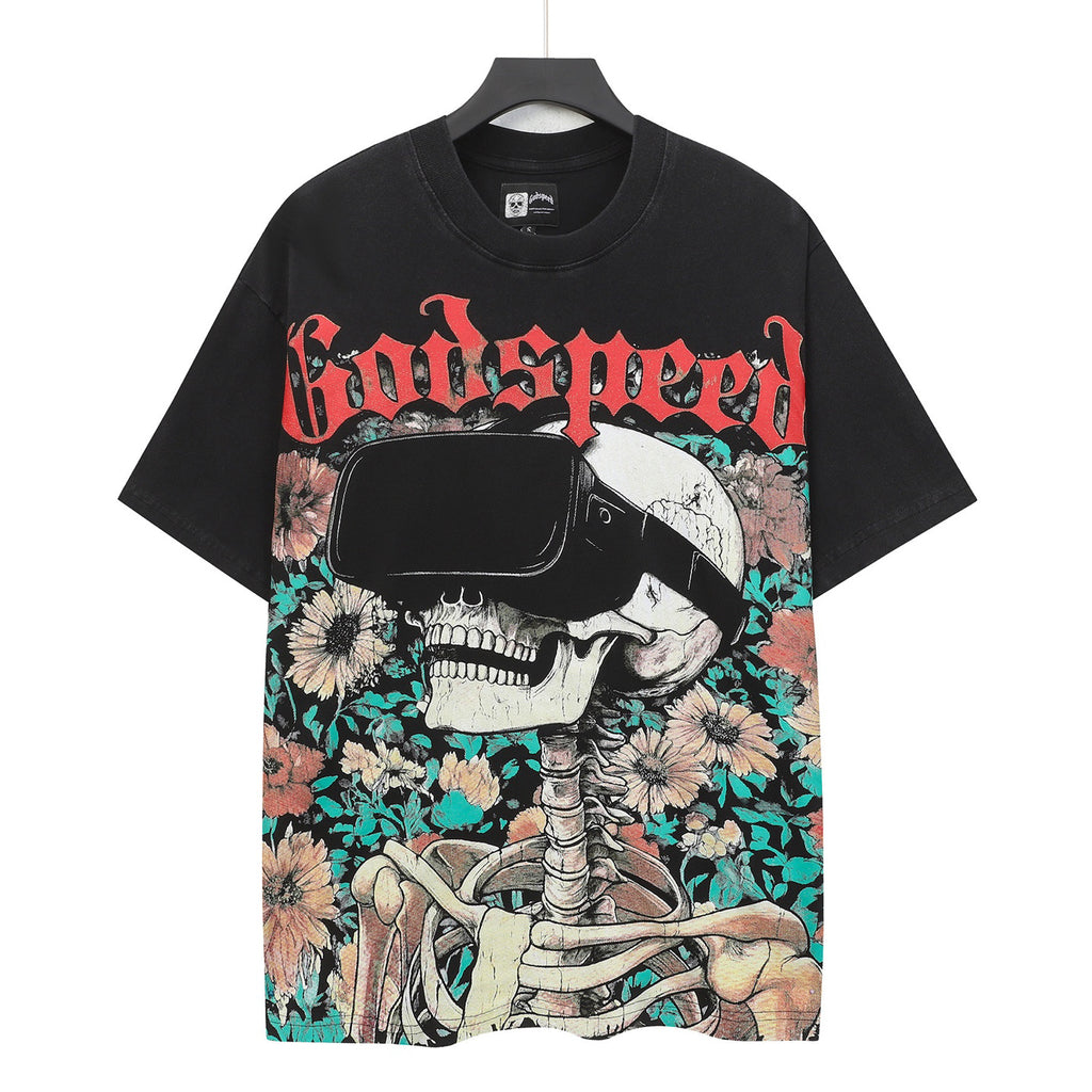 Godspeed VR‑Headset Skeleton Floral Vintage Short‑Sleeve Tee (Washed Black)
