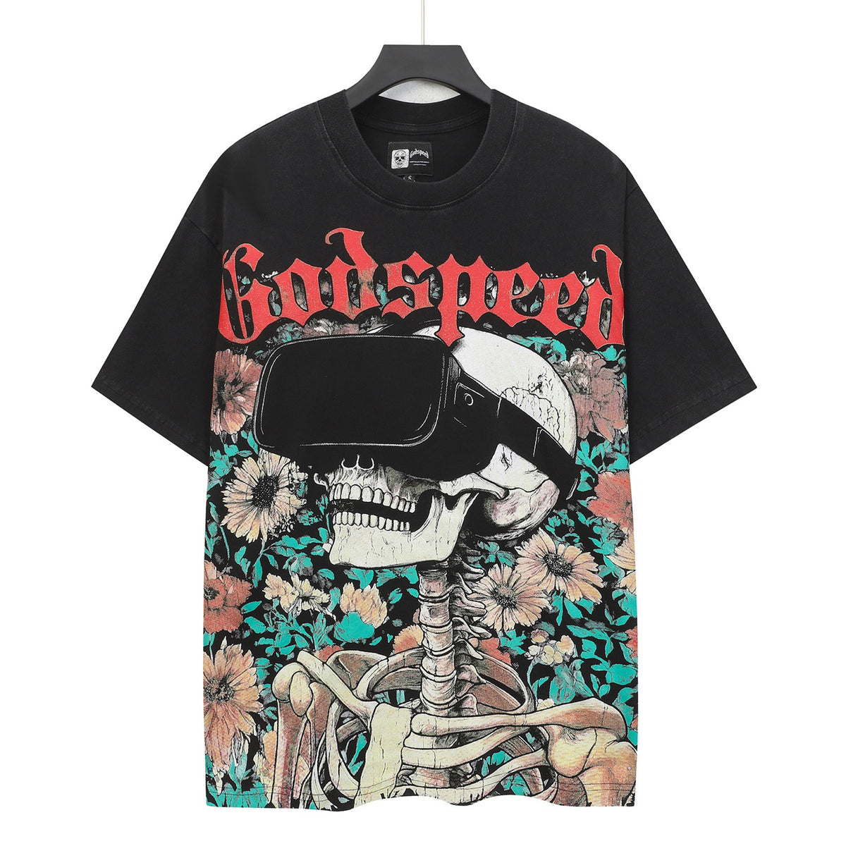Godspeed VR‑Headset Skeleton Floral Vintage Short‑Sleeve Tee (Washed Black)