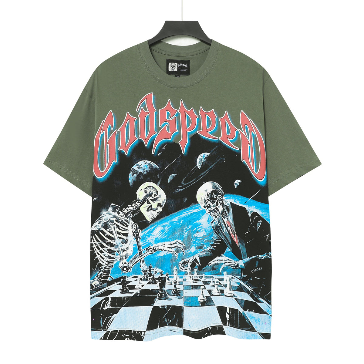 Godspeed Skeletons Playing Chess Space Short Sleeve Tee (Olive Green)