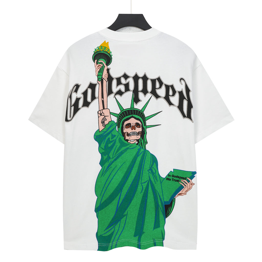 Godspeed Skeleton Statue Of Liberty Back‑Print Short Sleeve Tee (Vintage White)