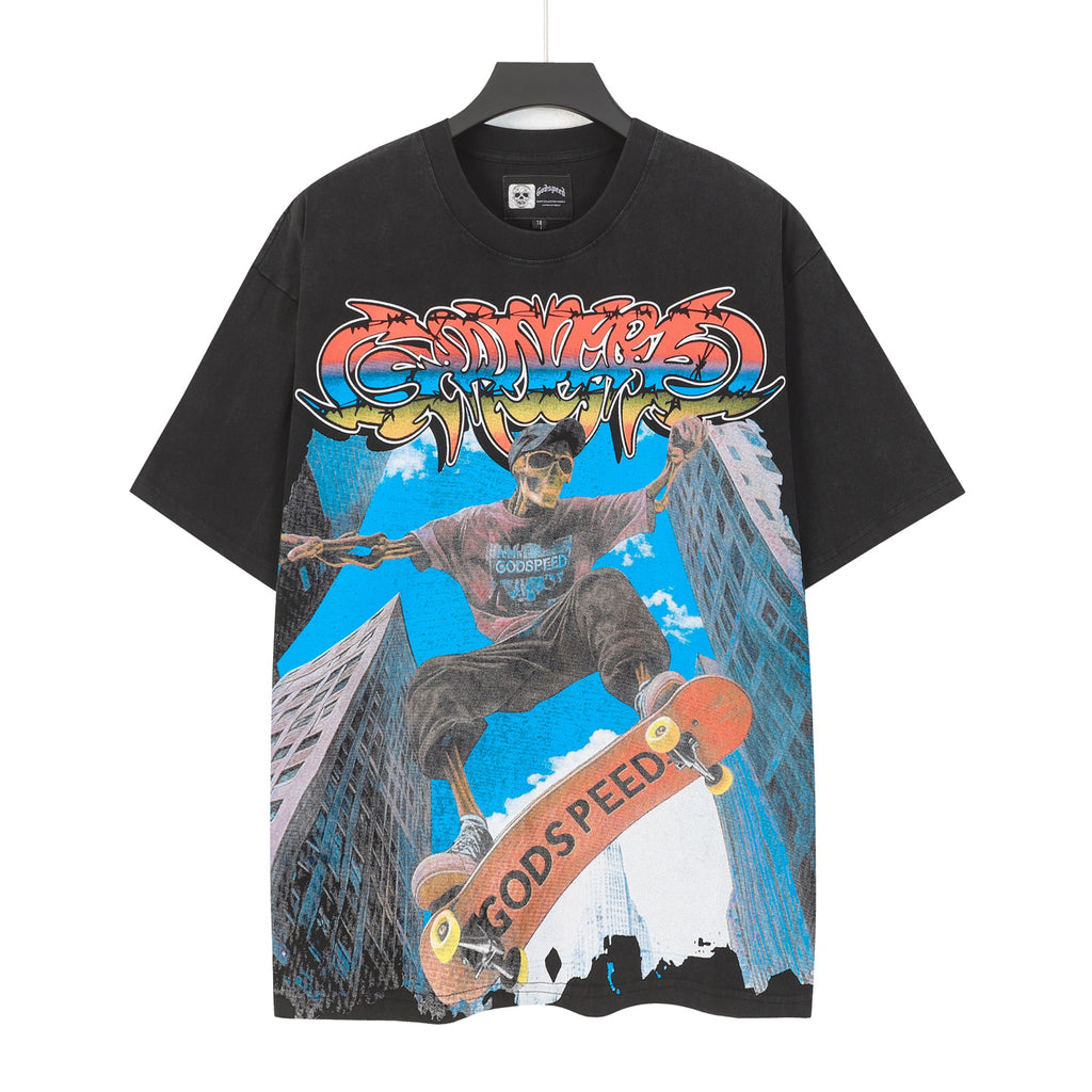 Godspeed Skeleton Skateboard City Graphic T‑Shirt (Washed Black)