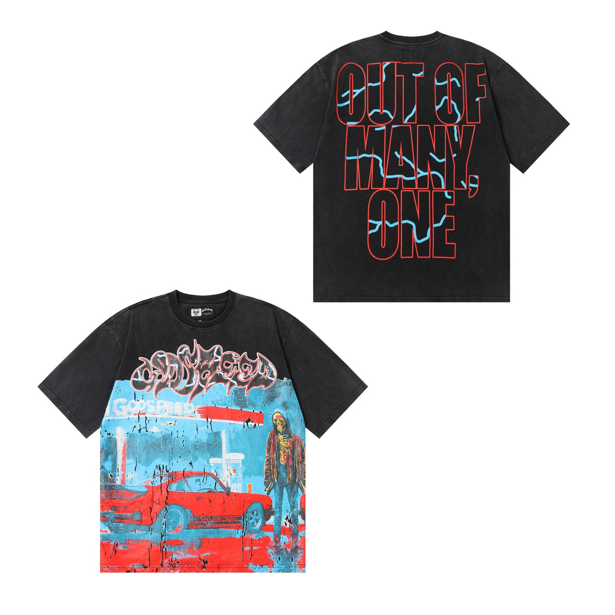 Godspeed Gas Station Porsche Skeleton Graphic T‑Shirt (Washed Black)