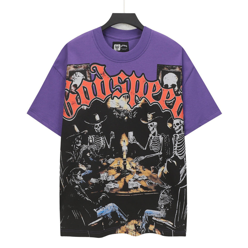 Godspeed Skeleton Cowboys Poker Game Vintage Short‑Sleeve Tee (Purple)