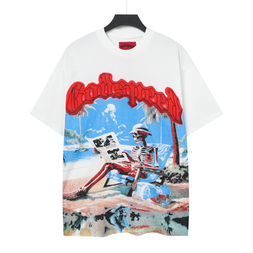 **Godspeed Beach‑Skeleton Vacation Vintage Short‑Sleeve Tee (White)**